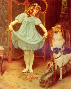 動物 Painting - 新しいドレス 牧歌的な子供たち アーサー ジョン エルスリー ペットの子供たち